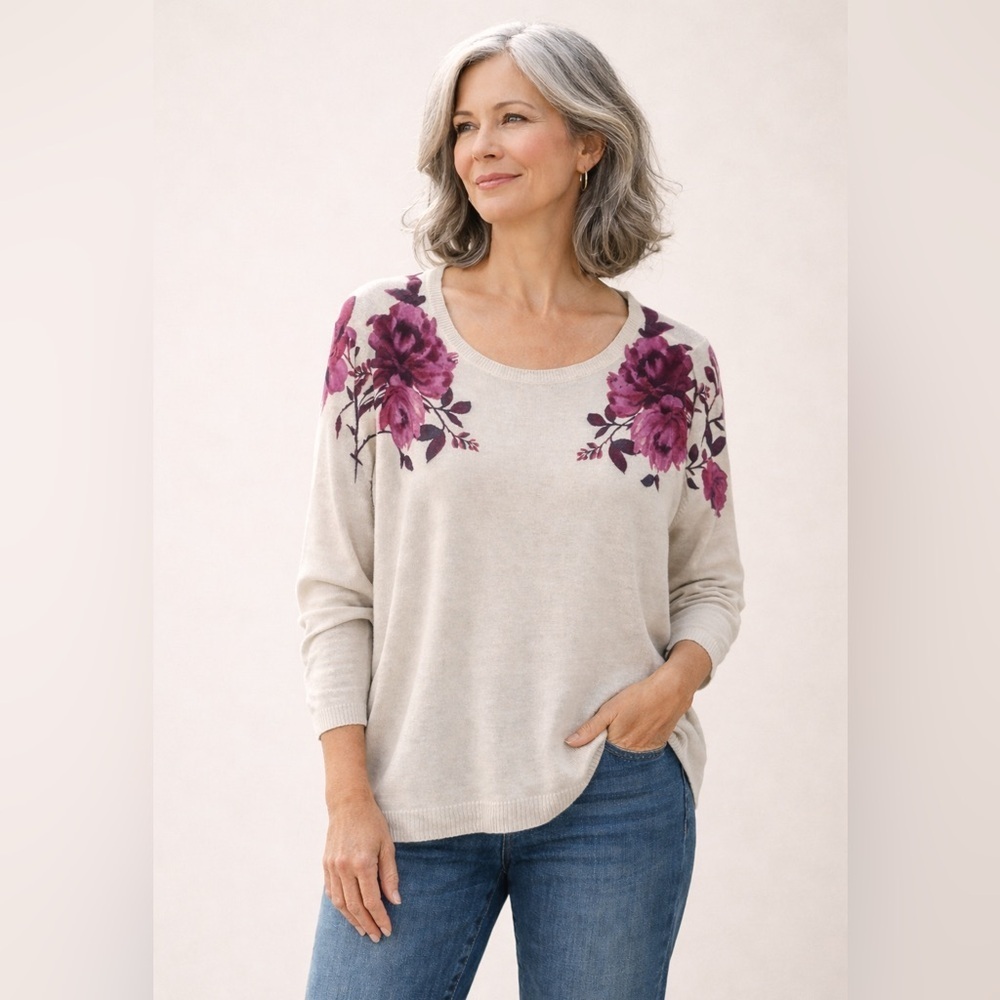 J. Jill Wearever Collection Floral Linen Blend Sweater | Size Large